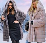 Maxi Solid Color Loose Faux Fur Coat с капюшоном Осень Зима Теплое пальто