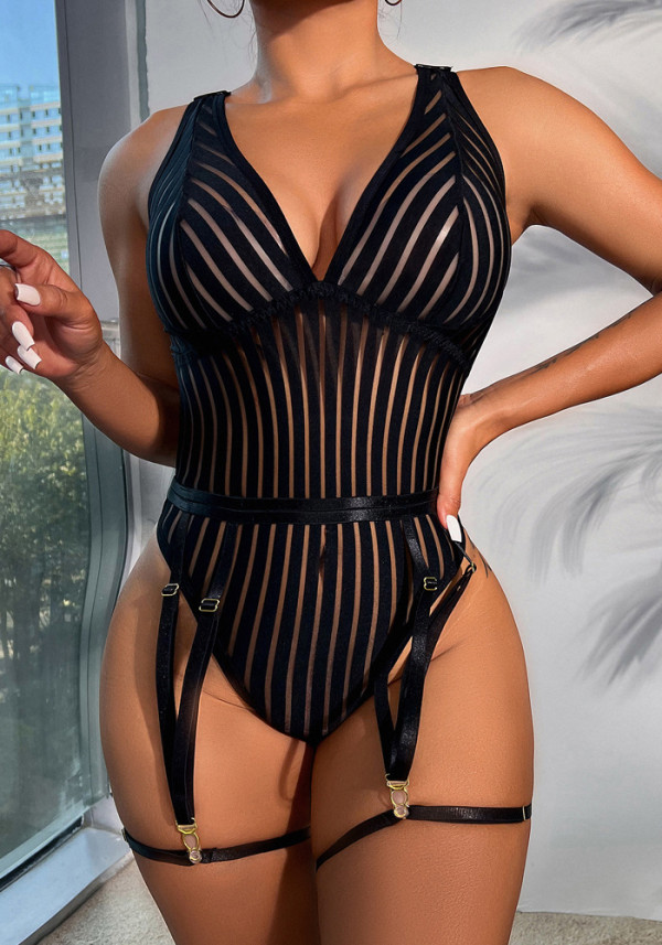 Sexy Onesie Striped Patchwork Sexy Crossover Lace-Up Low Back Shapewear with Foot Loops