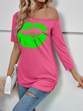 Lips print short-sleeved t-shirt women off-the-shoulder irregular sleeve length fashion slim top