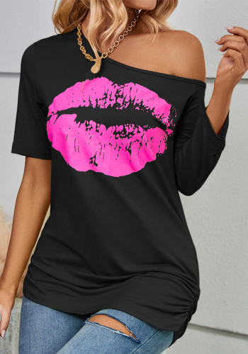 Camiseta de manga corta con estampado de labios para mujer, camiseta ajustada a la moda con hombros descubiertos y manga irregular