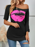 Lips print short-sleeved t-shirt women off-the-shoulder irregular sleeve length fashion slim top
