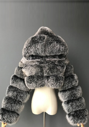 Fur Coat Cropped Hooded Faux Fur Coat Long Sleeve Patchwork Women's Coat