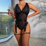 Sexy Onesie Striped Patchwork Sexy Crossover Lace-Up Low Back Shapewear with Foot Loops