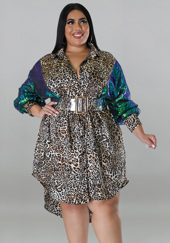 Vestido de blusa informal de manga larga con estampado de leopardo para mujer de talla grande