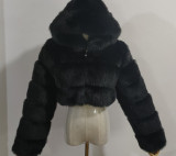 Fur Coat Cropped Hooded Faux Fur Coat Long Sleeve Patchwork Women's Coat