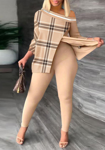 Sexy Patchwork Slash Omuz Desenli Set Clubwear Kadın Giyim