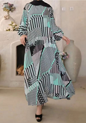Vestido de manga longa feminino abstrato manga enrolada moda muçulmana solto