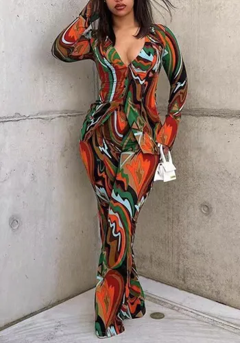 Autumn deep V suit female sexy printed shirt wide-leg pants fashion casual two-piece set