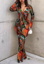 秋の深い V スーツ女性のセクシーなプリント シャツ ワイドレッグ パンツ ファッション カジュアル XNUMX 点セット