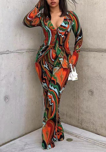 Herbst tiefer V-Anzug weibliche sexy bedruckte Hemdhose mit weitem Bein Mode lässig zweiteiliges Set