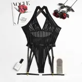 Sexy Onesie Striped Patchwork Sexy Crossover Lace-Up Low Back Shapewear with Foot Loops