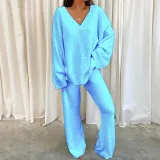 Winter Comfortable Solid Color V-Neck Casual Homewear Warm Two-Piece Pants Set
