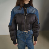 Fashion Short Coat Women'S Winter Color Contrast Denim Patchwork Ribbed Slim Waist Cotton Padded Jacket