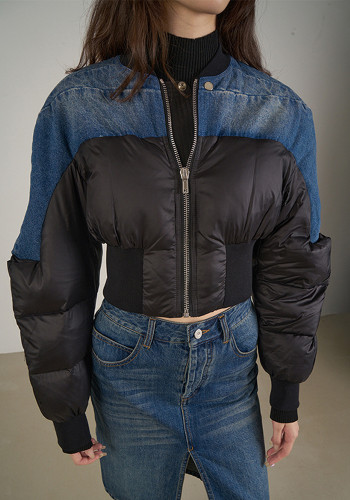 Moda Kısa Ceket Kadın Kış Renk Kontrast Denim Patchwork Nervürlü İnce Bel Pamuk Kapitone Ceket