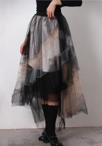 French Elegant Multi-Layer Patchwork Gradient Color Contrast Skirt Chic Asymmetrical Mesh Skirt Large Swing Tutu Skirt