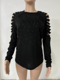 Autumn And Winter Round Neck Beaded Hollowed Out Long-Sleeved T-Shirt Top