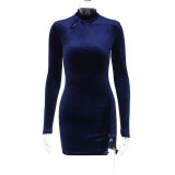 Women'S Autumn And Winter Solid Color Half Turtleneck Long Sleeve Bodycon Side Opening Chic Elegant Dress For Women