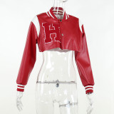 Contrast Leather Cropped Embroidered Baseball Jersey Winter Street Hip Hop Letter Print Jacket