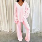 Winter Comfortable Solid Color V-Neck Casual Homewear Warm Two-Piece Pants Set