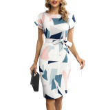 Women'S Boutique Fashion Chic Elegant Belt Geometric Pattern Print Bodycon Dress