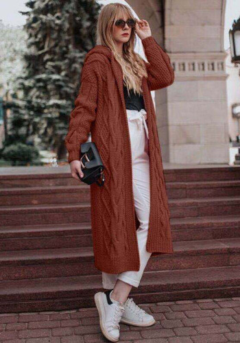 Moda Kış Düz Renk Kapşonlu Uzun Hırka Kazak Büküm Örgü Gömlek Kadın Giyim
