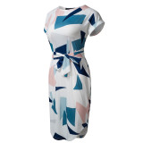 Women'S Boutique Fashion Chic Elegant Belt Geometric Pattern Print Bodycon Dress