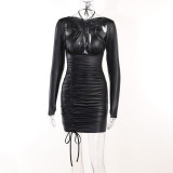Long Sleeve Lace-Up Halter Neck Women'S Sexy Plunging Party Bodycon Dress