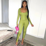 Women'S Autumn And Winter Fashion U-Neck Solid Color Slim-Fit Long-Sleeved Jumpsuit One-Piece Pants
