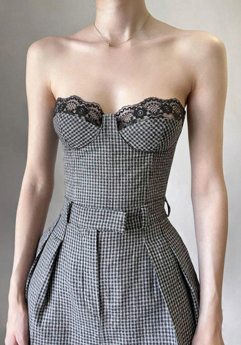Fashion Trend Lace-Up Slim Fit Chic Strapless Black And White Plaid Top