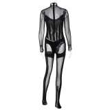 Women'S Winter Sexy Mesh See-Through Patchwork Tight Fitting Jumpsuit