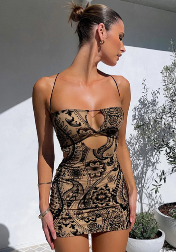 Chic Party Dress Sexy Fit Flocked Print Cutout Slip Bodycon Dress