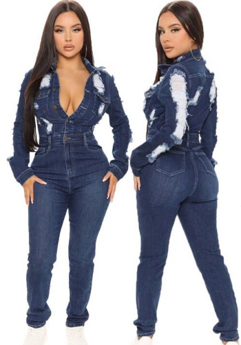 Macacão feminino casual botão manga longa jeans rasgado