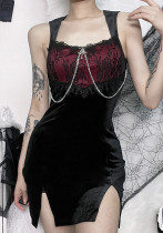 Vestido ajustado con cremallera de encaje con abertura en contraste sexy para mujer