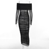 Women Long Sleeve Off Shoulder Gathered See-Through Maxi Dress