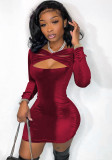 Women Sexy Velvet Cut Out Solid Bodycon Dress