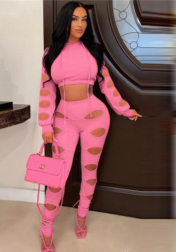 Women Ripped Hollow Out Solid Long Sleeve Crop Top and Pant Two Piece Set