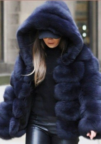 Женская куртка из искусственного лисьего меха с капюшоном и длинным рукавом