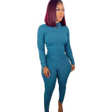 Women Solid Ribbed Casual Long Sleeve Top and Pant Two Piece Set