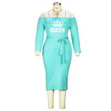 Plus Size Women Off Shoulder Crown Print Lace-Up Dress