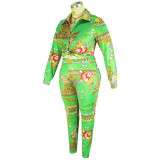 Plus Size Women Printed Long Sleeve Shirt and Pant Two Piece Set