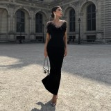Women Black Off Shoulder Faux Ostrich Fur Slim Elegant Dress
