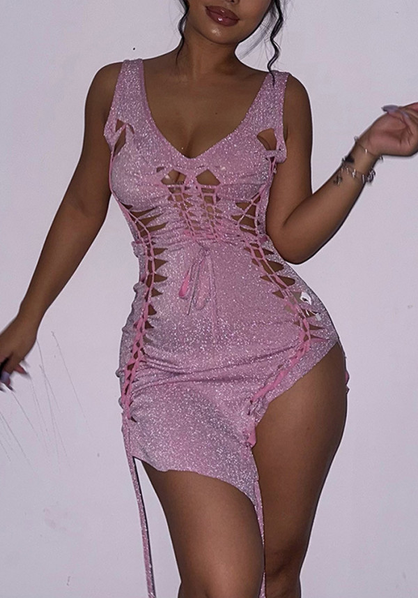 Womens Sexy Cutout Lace-Up Slit Bodycon Dress