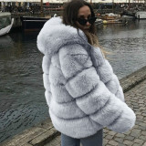 Women Faux Fox Fur With Hood Long Sleeve Jacket