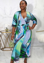 Plus Size Damen V-Ausschnitt Print Half-Sleeve Lace-Up Dress