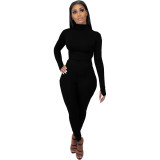 Women Solid Turtleneck Long Sleeve Top and Pant Two Piece Set