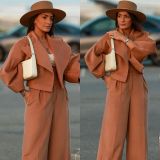 Women Casual Balloon Sleeve Turndown Collar Suit and High Waist Straight Pants Two Piece