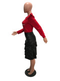 Womens Sexy PU-Leather Ruffled Beaded Bodycon Skirt