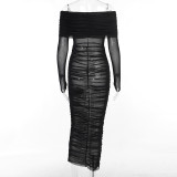 Women Long Sleeve Off Shoulder Gathered See-Through Maxi Dress