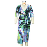 Plus Size Women V-Neck Print Half-Sleeve Lace-Up Dress