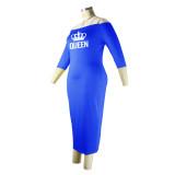 Plus Size Women Off Shoulder Print Bodycon Midi Dress